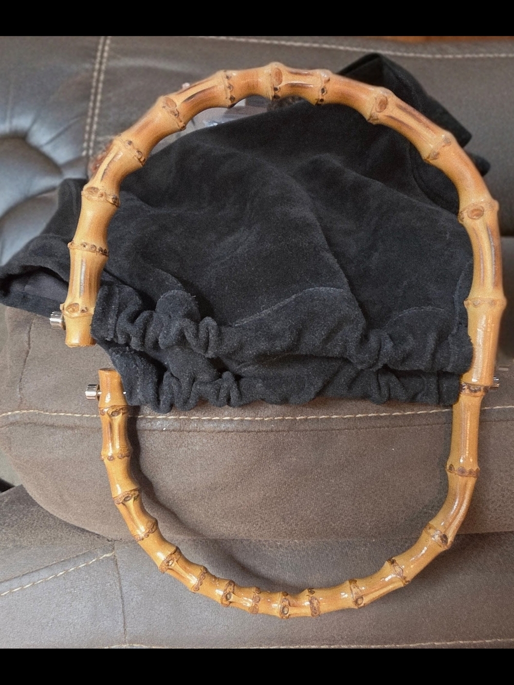 643. Vintage Talbots Black Suede Handbag with Bamboo Handle - Picture 4 of 6